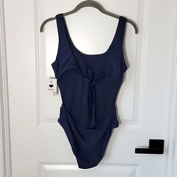 Nine West Solid Navy Blue Ribbed Tie Back One Piece Swimsuit- Size Medium - Picture 4 of 15